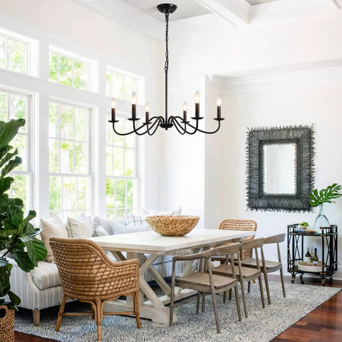 Black 6 Light Dope Farmhouse Chandelier For Dining Room And Kitchen Modern Rustic Pendant Light Fixture in dining area