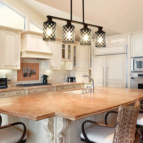 4 Light Linear Pendant Chandelier For Kitchen Island With K9 Crystal And Black Grid Shade Adjustable Height Dining Room Light Fixture