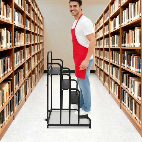 Score This Rock Solid 4 Step Black Rolling Warehouse Ladder With Non Slip Tread Pedals Rugged Carbon Steel Handrails And Smooth Glide Wheels For Effortless Supermarket Restocking Or Library Organizing Tasks