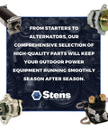 Stens auto parts banner showing a starter motor, an alternator, and an electrical relay-style component.
