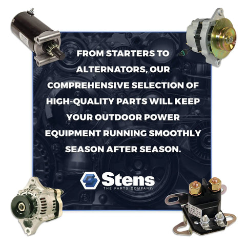 Collage of Stens outdoor power equipment parts including starters and alternators with company logo and message about quality.