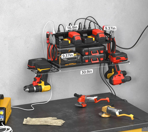 Kick Up Your Garage Game With This Rock Solid Heavy Duty Wall Mount Rack For Power Tool Battery Organizer Featuring An Embedded Eight Outlet Power Strip Black