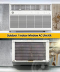 Window air conditioning unit with heavy duty outdoor AC pipe foam insulation tape wrap with foil fiberglass layer, weatherproof shield for HVAC pipes, visible on side panel, reflects up to 95 percent heat.