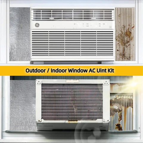 Window air conditioning unit with heavy duty outdoor AC pipe foam insulation tape wrap with foil fiberglass layer, weatherproof shield for HVAC pipes, visible on side panel, reflects up to 95 percent heat.