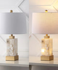 Coastal 23 Inch Gold And White Alabaster Rectangular Table Lamp With Night Light And White Linen Drum Shade Two Light LED Bulbs Included