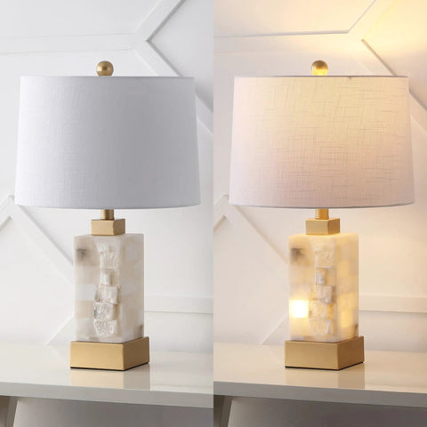 Coastal 23 Inch Gold And White Alabaster Rectangular Table Lamp With Night Light And White Linen Drum Shade Two Light LED Bulbs Included