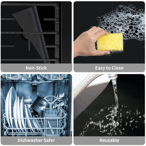 Four images showing features of Three Pack Stove Burner Covers For Gas Range: non-stick, easy to clean, dishwasher safe, reusable.