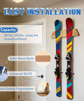Killer Horizontal Solid Wood Ski Rack Wall Mount With Heavy Duty Build And Slick Natural Finish For Garage Home Or Cabin Display Of Mountain Touring And Vintage Skis In Medium Size mounted with colorful skis on wall.