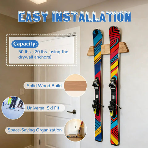 Killer Horizontal Solid Wood Ski Rack Wall Mount With Heavy Duty Build And Slick Natural Finish For Garage Home Or Cabin Display Of Mountain Touring And Vintage Skis In Medium Size mounted with colorful skis on wall.