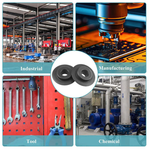 Collage of industrial settings and tools with tubing cutter blades for various models and industries.