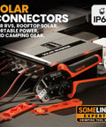 Solar Connector Crimping Tool Kit For 14-10 AWG Cables With 12 Pairs Of Solar Connectors, Wrench, Stripper And Crimper shown next to solar inverter.
