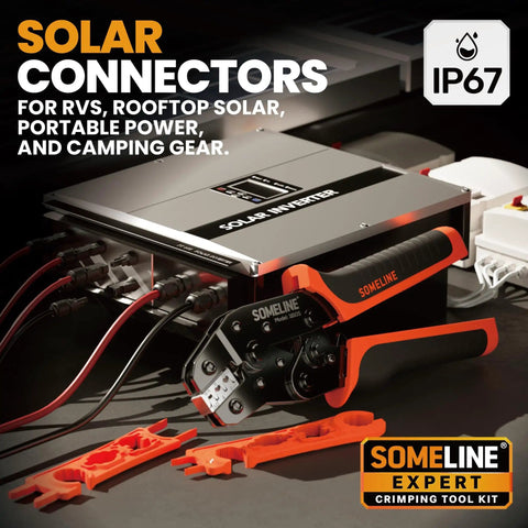 Solar Connector Crimping Tool Kit For 14-10 AWG Cables With 12 Pairs Of Solar Connectors, Wrench, Stripper And Crimper shown next to solar inverter.