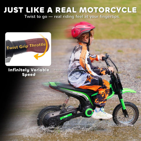 Electric Dirt Bike For Teens 13 Plus 24V 350W Off Road Motorcycle With Twist Grip Throttle Rear Suspension Up To 15 MPH Brake Music Horn Green Great For Outdoor Fun And Easy Assembly