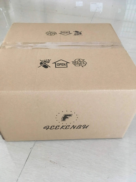 Cardboard shipping box labeled with "GEEKENBU" on a gray surface.