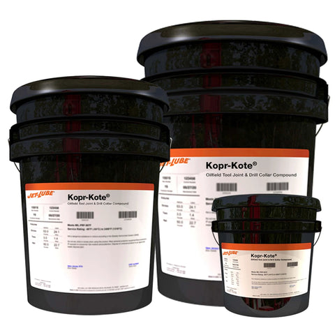 Front view of Kopr Kote Oilfield Grade Tool Joint And Drill Collar Premium Grease buckets with labels visible, 1 Gal size shown.