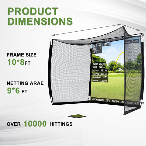 10x8 Ft Golf Practice Net With Impact Screen And Mat, Beefy Steel Frame, Side and Screen View, Indoor Simulator Training Setup