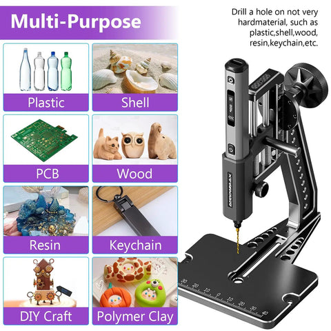 Arrowmax Mini Electric Drill Press With Benchtop Stand 5 Speeds And LED Light for drilling plastic, wood, and resin projects.