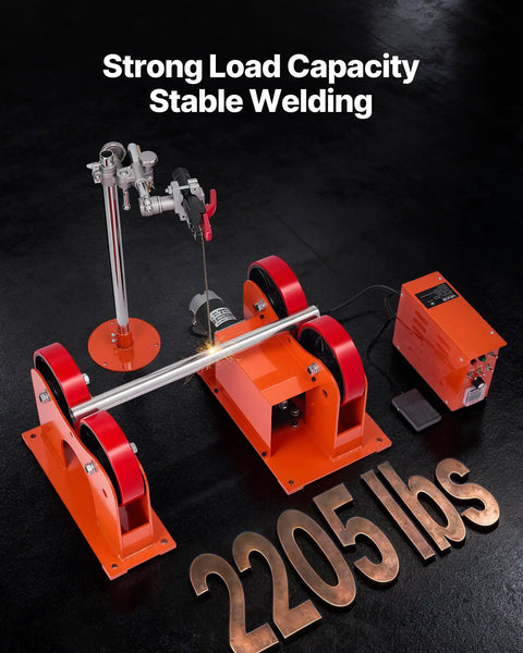 Heavy Duty Pipe Turning Rolls 2205 Lbs Capacity With Smooth Linkage Roller System Adjustable Wheel Range For Welding Positioner And Tank Support Equipment Making Jobs Easier, showcasing welding setup and rollers.