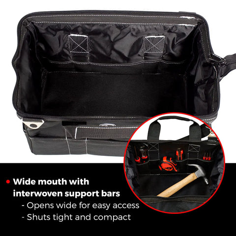 Heavy Duty 16 Inch Tool Tote with 24 Pockets and Wide Mouth showing internal space and support bars for easy access