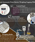 Heavy Duty Semi Automatic Paint Filler And Bucket Capper With Precision Digital Scale features control panel and foot switch for ease of use.