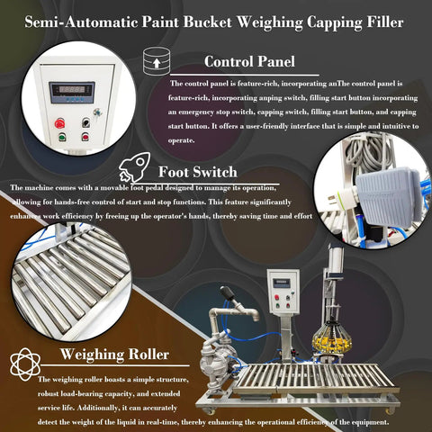Heavy Duty Semi Automatic Paint Filler And Bucket Capper With Precision Digital Scale features control panel and foot switch for ease of use.