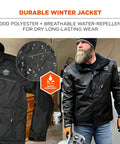 Man wearing N-Ferno 6467 Winter Work Jacket With Thermal Insulation And Removable Hood For Extreme Cold, Rugged 300D Polyester Oxford