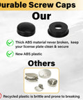 Durable screw caps comparison showcasing thick ABS material vs recycled plastic for license plate security.
