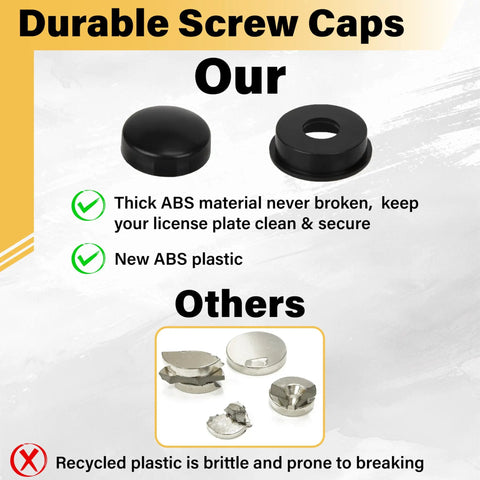 Durable screw caps comparison showcasing thick ABS material vs recycled plastic for license plate security.