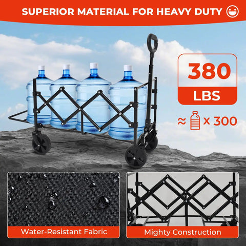 Foldable Tailgate Wagon Cart With Wheels Lightweight 12 Lb Utility Wagon For Garden, Grocery, Beach, Camping, And Travel Portable Collapsible Cart For Easy Load carrying large water bottles on rocky terrain.