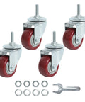 Set of four red 2-inch swivel caster wheels with 1/4-20 threaded stems; includes nuts, washers, and a wrench