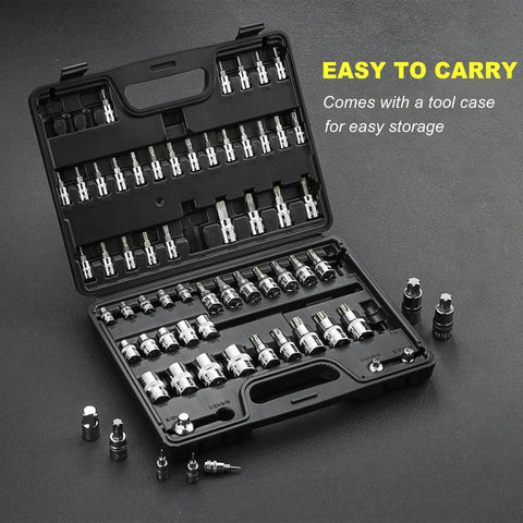64 Piece External Torx Socket Set With 1/4 3/8 1/2 Inch Drive in black case, includes sockets and adapters for auto, home, workshop