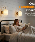 HAOFILM Battery Operated Wall Sconces Set of 2, 5000mAh Rechargeable Wireless Wall Sconce with Remote installed beside a bed.