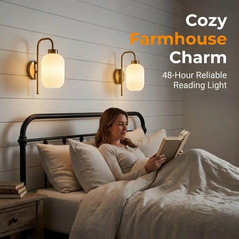 HAOFILM Battery Operated Wall Sconces Set of 2, 5000mAh Rechargeable Wireless Wall Sconce with Remote installed beside a bed.