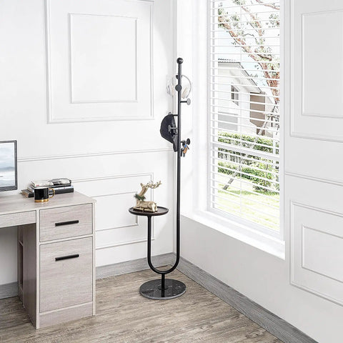 Freestanding Coat Rack With Table And Six Hooks, Corner Coat Tree With Built Tough Marble Base, Stable Coat Rack Stand, office corner