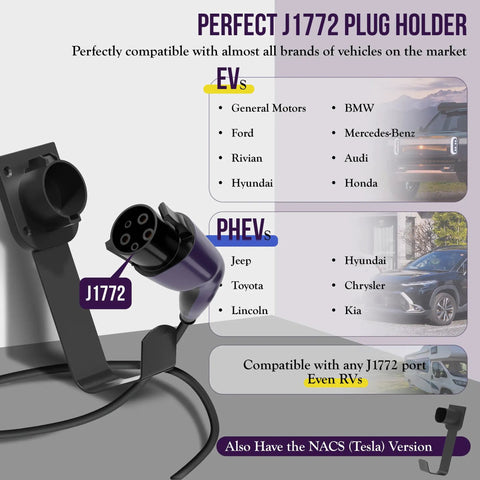 J1772 EV Charger Holder Wall Mount Heavy Duty Steel Cable Organizer Storage Hook compatible with various electric vehicles.