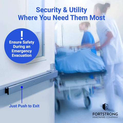 Exit Door Panic Bars For High Traffic Commercial Doors Push Bar Panic Exit Device installed in hospital hallway.