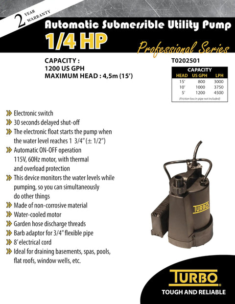 Powerful Workhorse One Quarter Horsepower Submersible Utility Pump With Electronic Switch Auto On Off 115V 60Hz specs sheet