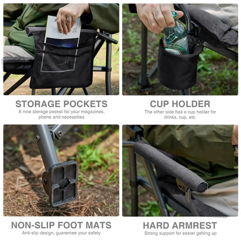 Oversized Padded Folding Camping Chair For Adults with side pockets, cup holder, non-slip foot mats, and hard armrest details.