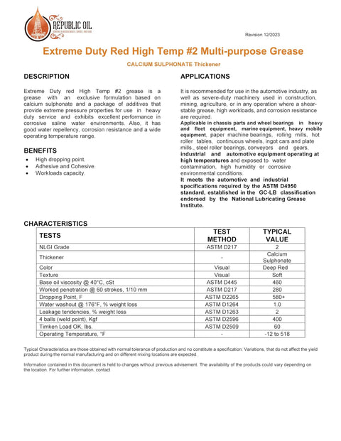 Product sheet for Extreme Duty Red High Temp #2 Multi-purpose Grease with applications and characteristics listed.