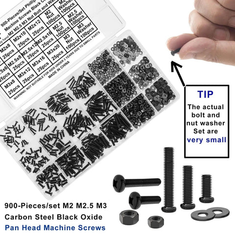 All In One 900 Piece Round Head Screws Kit M2 M2.5 M3 Bolts Nuts And Washers Phillips Drive Pan Head Machine Screws Carbon Steel Black Oxide with storage box