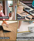 Collage showing usage of Solid Plastic Shim Set For Leveling And Drywall Applications, 80 Pieces In 3/64 5/64 1/8 And 5/32 Inch Black