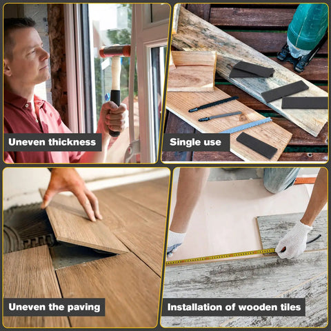 Collage showing usage of Solid Plastic Shim Set For Leveling And Drywall Applications, 80 Pieces In 3/64 5/64 1/8 And 5/32 Inch Black
