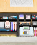 25 Piece Plastic Drawer Organizer Set With 4 Size Versatile Trays And Storage Bins For Makeup Jewelry Gadgets In Bathroom Bedroom And Office Clear Black installed in a drawer