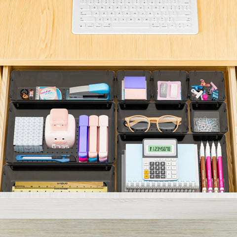 25 Piece Plastic Drawer Organizer Set With 4 Size Versatile Trays And Storage Bins For Makeup Jewelry Gadgets In Bathroom Bedroom And Office Clear Black installed in a drawer