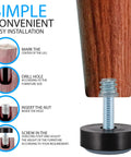 Installation guide depicting M6 furniture levelers, hard plastic and Teflon glide for smooth adjustments.