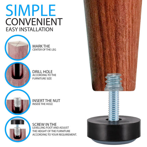 Installation guide depicting M6 furniture levelers, hard plastic and Teflon glide for smooth adjustments.