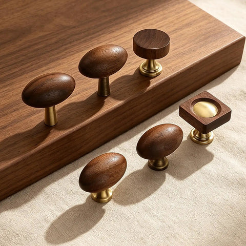 Kick Up Your Home Decor Game With Four Slick Bronze And Walnut Wood Cabinet Knobs Featuring Tight Vintage Style Brass Drawer Pulls For Kitchen And Dresser Cabinets: Set of five cabinet knobs with walnut wood and brass bases.
