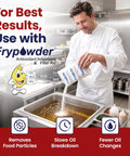 Chef pouring Frypowder into a deep fryer, focused on oil maintenance to keep your deep fryer oil crisp and clean with this reusable micron filter bag made for busy restaurants and casual home kitchens to sweep up tiny debris and stretch your fry oil budget.