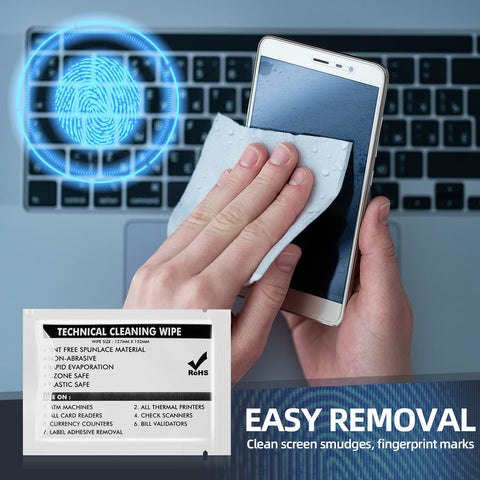 Person using Grab-and-Go Multi-Purpose Nonwoven Cleaning Wipes 5.7 By 5.9 Inches on smartphone, laptop in background.