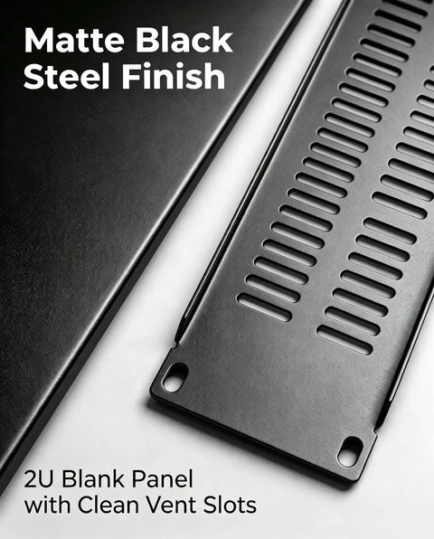 Heavy Duty 5 Piece 2U Rack Mount Blank Panel Steel Server Cabinet Filler Plate With Screws And Cage Nuts Top Shelf Clean For Your No Sweat Server Setup - Matte black steel 2U blank panel with ventilation slots.